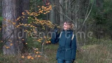 一个苗条<strong>甜美</strong>的女人走过一片美丽的秋天森林，在桦树和枞树之间，欣赏着枯<strong>黄</strong>的叶子